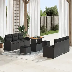 VIDAXL Canapé de Jardin 9 Pièces avec Coussins Noir Poly Rotin Acacia, Canapé de Jardin 2 Places avec Coussins Noir Poly Rotin, Ensemble de Salle à Manger de Jardin 3 Pièces avec Coussins Noir Poly Rotin Acacia pas cher