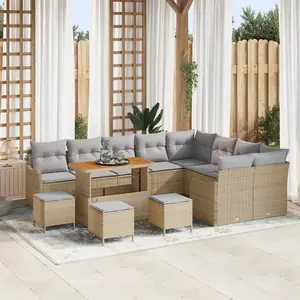 VIDAXL Ensemble de canapé de jardin de 13 pièces avec coussins beige poly rotin acacia, Ensemble de salle à manger de 4 pièces avec coussins beige poly rotin acacia, Canapé de jardin deux places avec coussins beige poly rotin pas cher
