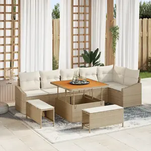 vidaXL Ensemble de Canapé de Jardin 9 Pièces avec Coussins Beige Rattan Poly Acacia pas cher