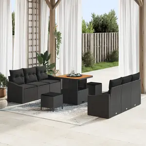 VIDAXL Ensemble de Canapés de Jardin 9 pièces avec Coussins Noir Rattan Poly Acacia, Canapé de Jardin 2 places avec Coussins Noir Rattan Poly, Ensemble de Salle à Manger de Jardin 3 pièces avec Coussins Noir Rattan Poly Acacia pas cher