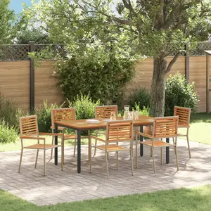 vidaXL Ensemble de salle à manger de jardin de 7 pièces vidaXL en poly rattan beige et acacia, Chaises de jardin empilables vidaXL avec coussins - Ensemble de 2 en poly rattan beige, Table de jardin 180x90x75 cm en bois d'acacia massif et métal pas cher