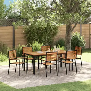 VIDAXL Ensemble De Salle À Manger De Jardin 7 Pièces En Poly Rattan Noir Acacia, Chaises De Jardin Empilables Avec Coussins 2 Pcs En Poly Rattan Noir, Table De Jardin 180x90x75 Cm En Bois Acacia Et Métal pas cher