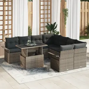 VIDAXL Ensemble De Sofa De Jardin De 9 Pièces Avec Coussins En Rattan Poly Gris, Sofa De Jardin 2 Places Avec Rangement & Coussins En Rattan Poly Gris pas cher