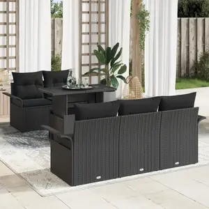vidaXL vidaXL Ensemble de Canapé de Jardin 6 Pièces avec Coussins Rattan Poly Noir, vidaXL Canapé de Jardin 2 Places avec Rangement & Coussins Rattan Poly Noir pas cher