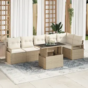 vidaXL Ensemble de Canapés de Jardin 7 pièces avec Coussins Beige Poly Rattan pas cher