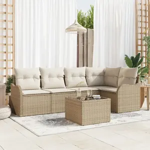 VIDAXL Ensemble de sofa de jardin de 6 pièces avec coussins en rotin poly brun, Canapé de jardin 2 places avec rangement et coussins en rotin poly beige pas cher