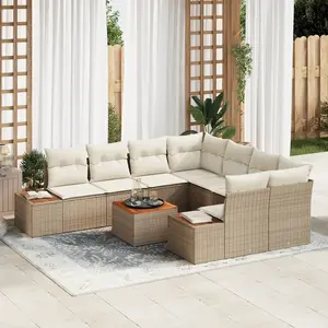 VIDAXL Ensemble De Canapés De Jardin 9 Pièces Avec Coussins Beige Poly Rotin Acacia, Canapé De Jardin 2 Places Avec Rangement Et Coussins Beige Poly Rotin pas cher