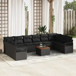 vidaXL Ensemble de Canapé de Jardin vidaXL 11 Pièces avec Coussins Rattan Poly Noir Acacia, Canapé de Jardin 2 Places avec Rangement et Coussins Rattan Poly Noir pas cher