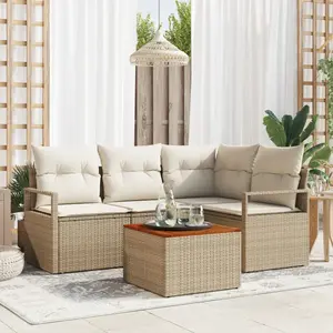 VIDAXL Ensemble de Canapé de Jardin de 5 Pièces avec Coussins Beige Rattan Poly Acacia, Canapé de Jardin 2 Places avec Rangement & Coussins Beige Rattan Poly pas cher