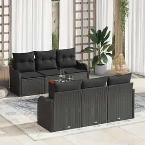 vidaXL Ensemble de Canapés de Jardin 7 Pièces avec Coussin Noir en Poly Rattan Acacia pas cher