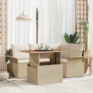 vidaXL Canapé de jardin 5 pièces avec coussins Beige Poly Rattan pas cher