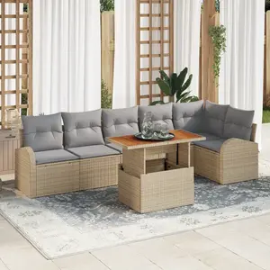 vidaXL Ensemble de canapé de jardin vidaXL 7 pièces avec coussins en rotin poly beige, Canapé de jardin 2 places vidaXL avec rangement et coussins en rotin poly beige pas cher