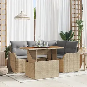 VIDAXL Ensemble De Canapés De Jardin 5 Pièces Avec Coussins Beige Poly Rattan, Canapé De Jardin 2 Places Avec Rangement Et Coussins Beige Poly Rattan pas cher