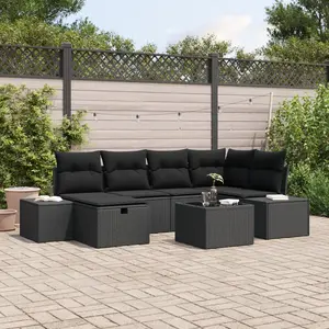 vidaXL Ensemble de canapé de jardin avec coussin 7 pcs Noir polyrotin pas cher