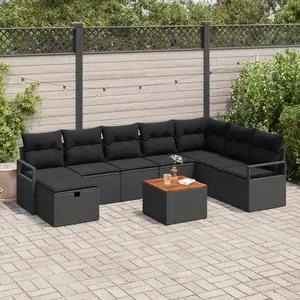 VIDAXL Ensemble de canapé de jardin de 9 pièces avec coussins en rotin poly noir, Canapé de jardin 2 places avec coussins en rotin poly noir pas cher