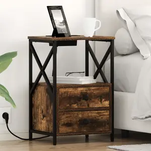 vidaXL Table de nuit avec station de chargement avec tiroir Chêne fumé pas cher