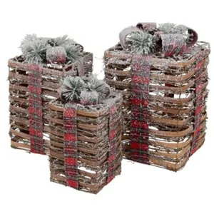 Set van 3 LED kerstcadeauboxen in warm wit rotan met timer en kunstsneeuw