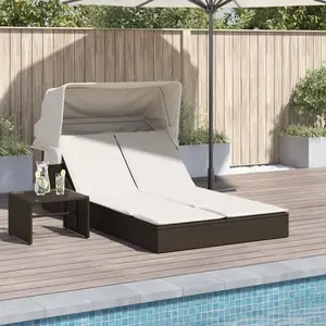 vidaXL Chaise longue double avec auvent et coussins marron poly rotin pas cher
