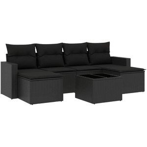 vidaXL Salon de jardin 7 pcs avec coussins noir résine tressée pas cher