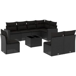 vidaXL Salon de jardin 9 pcs avec coussins noir résine tressée pas cher
