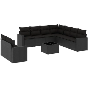 vidaXL Salon de jardin 10 pcs avec coussins noir résine tressée pas cher