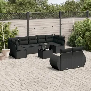 vidaXL Salon de jardin 10 pcs avec coussins noir résine tressée pas cher