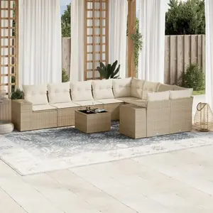 vidaXL Salon de jardin avec coussins 10 pcs beige résine tressée pas cher