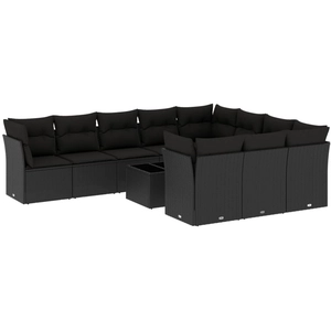 vidaXL Salon de jardin 10 pcs avec coussins noir résine tressée pas cher
