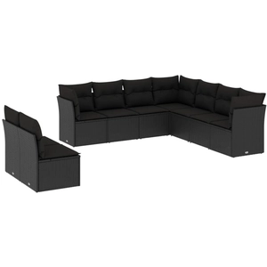 vidaXL Salon de jardin 9 pcs avec coussins noir résine tressée pas cher
