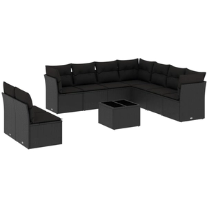 vidaXL Salon de jardin 10 pcs avec coussins noir résine tressée pas cher