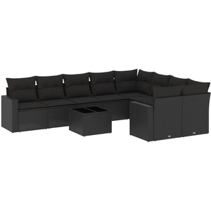 vidaXL Salon de jardin 10 pcs avec coussins noir résine tressée pas cher