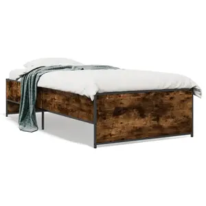 vidaXL Cadre de lit chêne fumé 100x200 cm bois d'ingénierie et métal pas cher