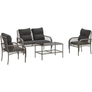 vidaXL Salon de jardin 4 pcs avec coussins gris résine tressée pas cher