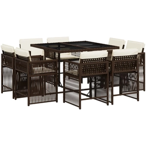 vidaXL Ensemble à manger de jardin et coussins 9 pcs marron poly rotin pas cher