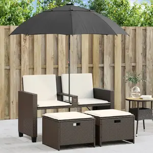vidaXL Canapé de jardin 2 places et parasol et tabourets marron rotin pas cher
