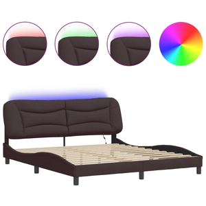 vidaXL Cadre de lit avec lumières LED marron foncé 140x190 cm tissu pas cher