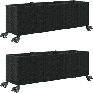 vidaXL Jardinières et roulettes 2 pcs noir 107x32x38 cm résine tressée pas cher