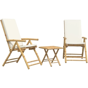 vidaXL Ensemble de bistro pliante 3 pcs et coussins blanc crème bambou pas cher