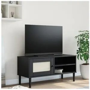 vidaXL Meuble TV SENJA aspect rotin noir 106x40x49cm bois massif pin pas cher