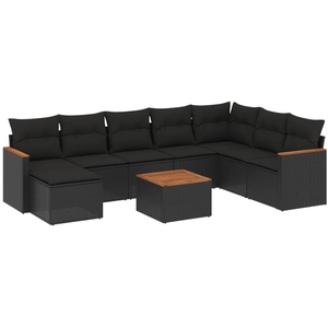 vidaXL Salon de jardin 9 pcs avec coussins noir résine tressée pas cher