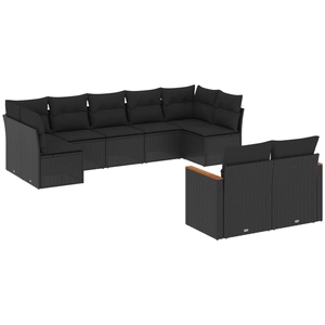 vidaXL Salon de jardin 9 pcs avec coussins noir résine tressée pas cher