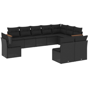 vidaXL Salon de jardin 10 pcs avec coussins noir résine tressée pas cher