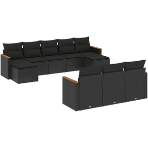 vidaXL Salon de jardin 10 pcs avec coussins noir résine tressée pas cher
