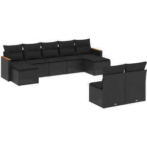 vidaXL Salon de jardin 10 pcs avec coussins noir résine tressée pas cher