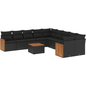 vidaXL Salon de jardin 10 pcs avec coussins noir résine tressée pas cher