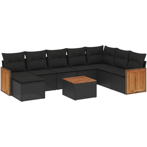 vidaXL Salon de jardin 9 pcs avec coussins noir résine tressée pas cher