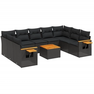 vidaXL Salon de jardin 10 pcs avec coussins noir résine tressée pas cher