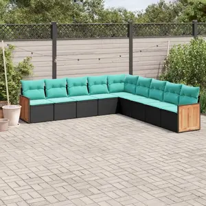 vidaXL Salon de jardin 9 pcs avec coussins noir résine tressée pas cher