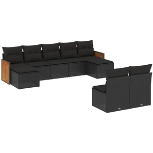 vidaXL Salon de jardin 9 pcs avec coussins noir résine tressée pas cher