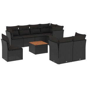 vidaXL Salon de jardin 9 pcs avec coussins noir résine tressée pas cher